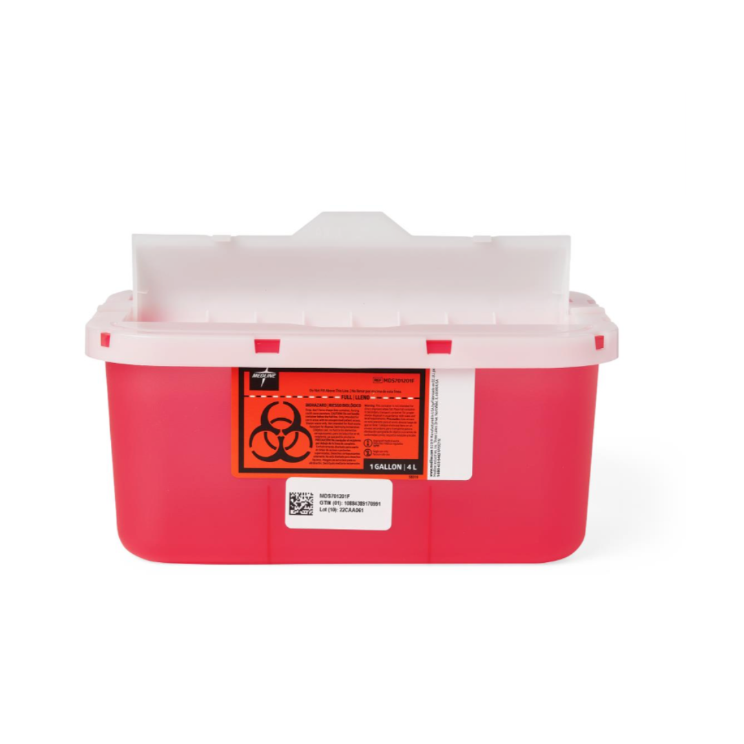 The Medline Biohazard Patient Room Sharps Disposal Container has a white lid with a needle slot, biohazard symbol, and warning labels—ideal for safe sharps disposal in patient rooms.